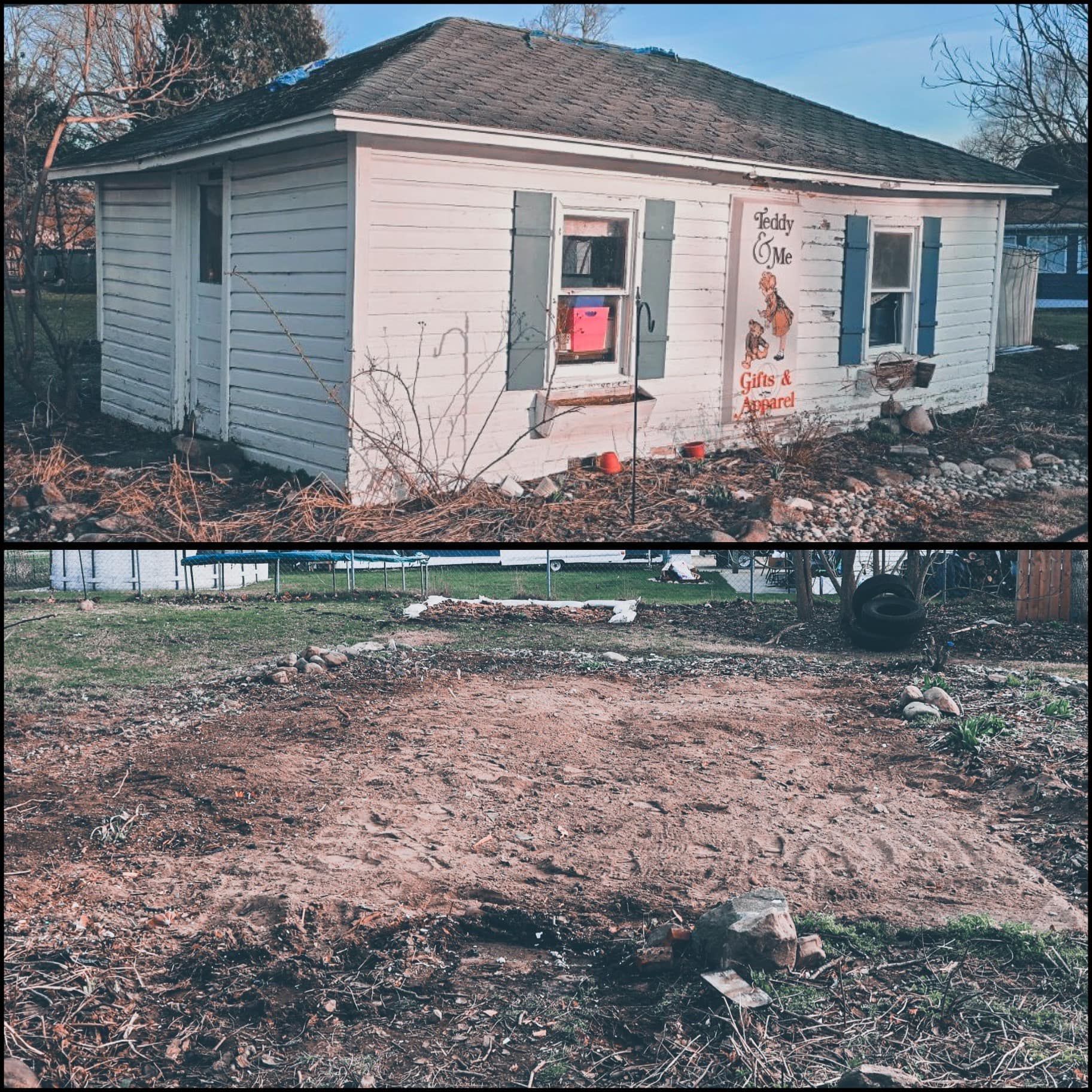 Small white house with peeling paint and boarded windows; yard below is cleared to bare dirt.