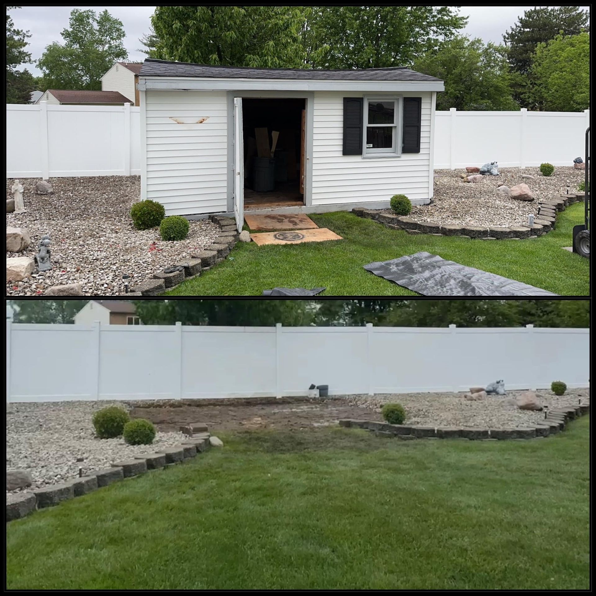 Backyard shed area before and after landscaping, with white fence, rocks, and green lawn