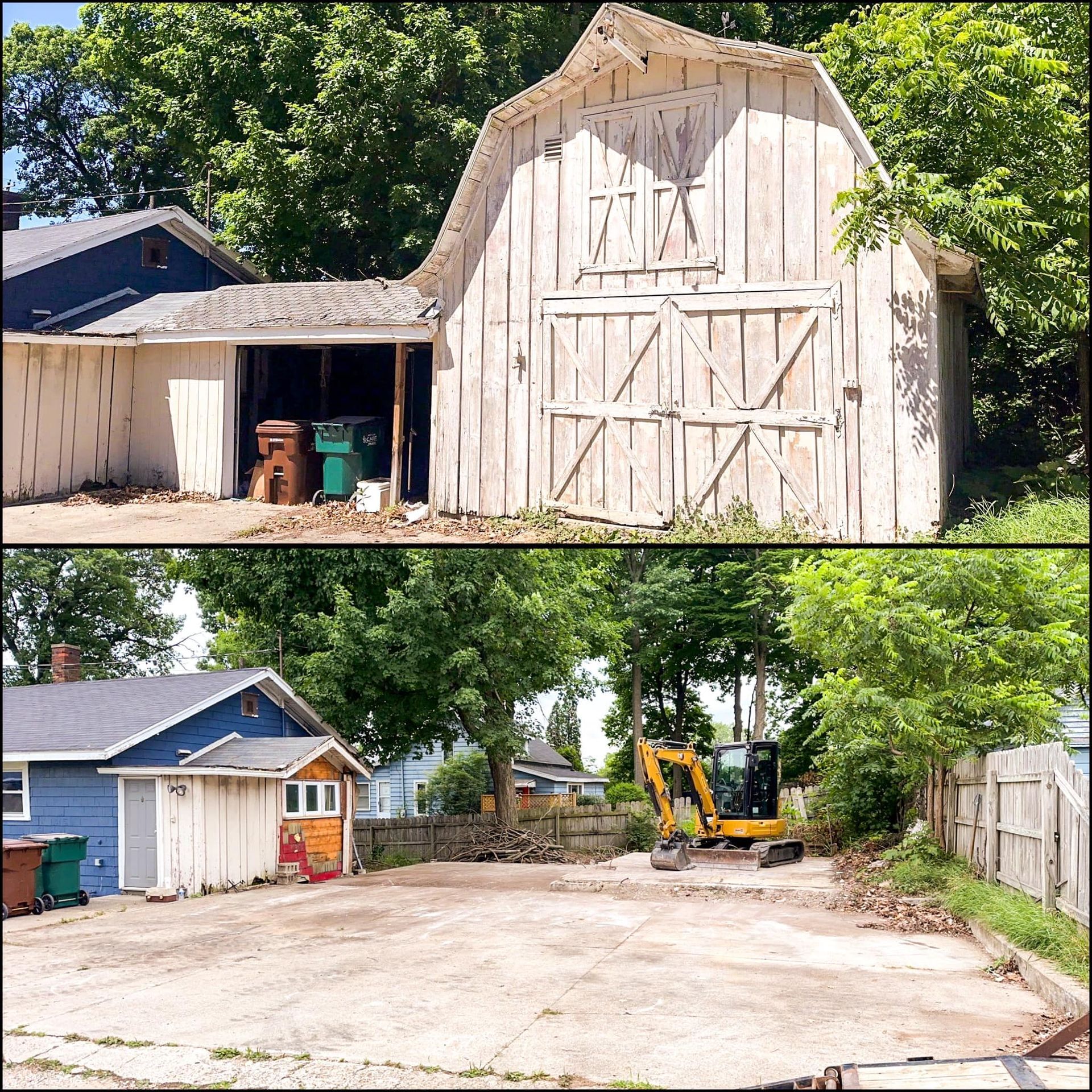 Wooden barn beside a shed and dirt lot; excavator clearing land near a house and trees.