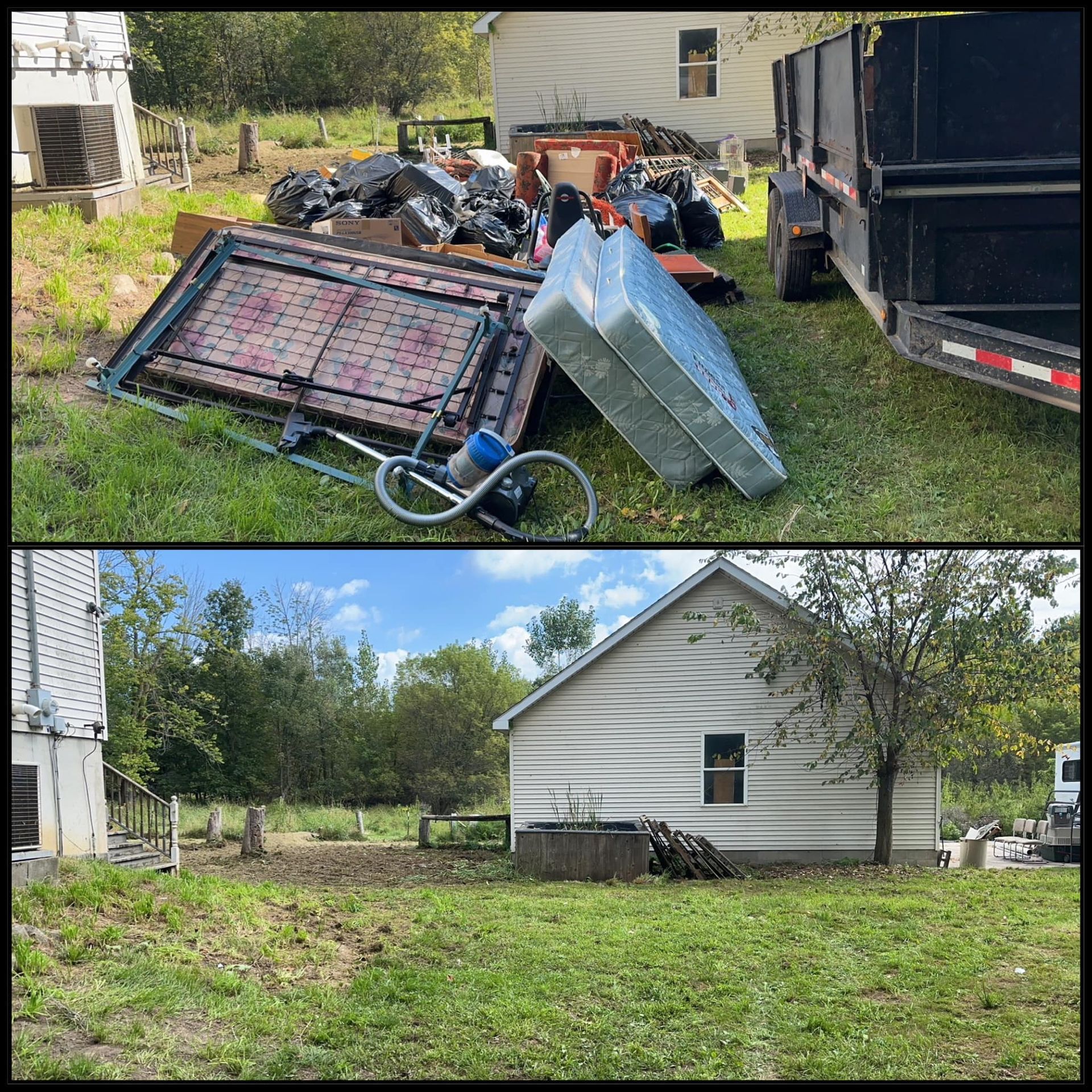 Before and after yard cleanup: debris pile beside a white house, then a cleared grassy yard.