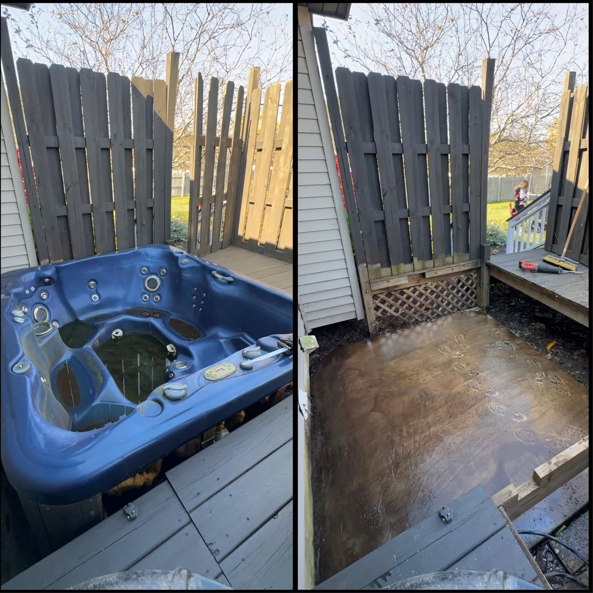 Before-and-after deck view: a blue hot tub removed, leaving an empty wooden platform.