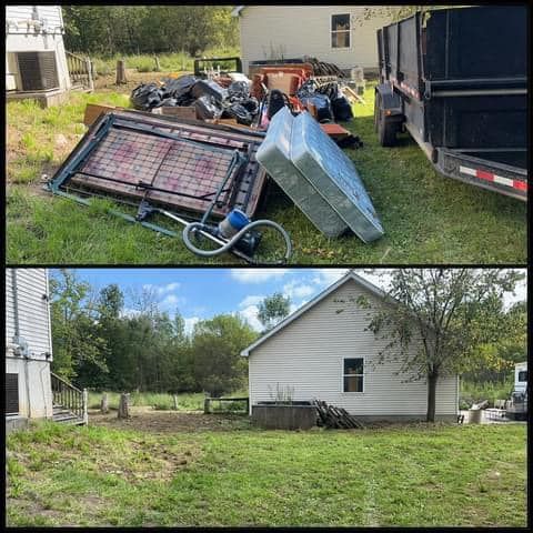 Before-and-after backyard cleanup by white house; debris removed, leaving a clear grassy yard.