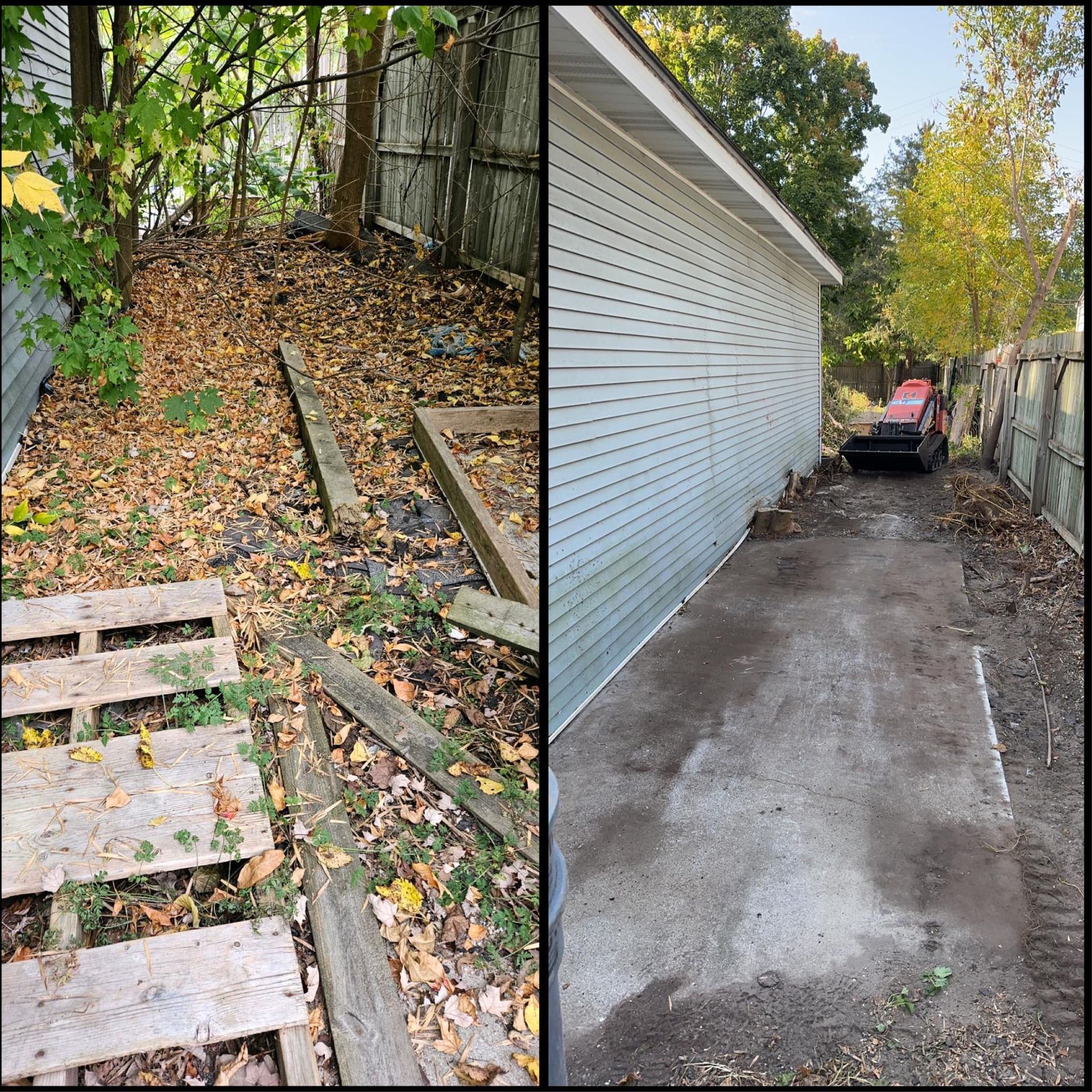 Before-and-after view of a narrow side yard, from leaf-covered clutter to a cleared concrete driveway beside a white garage