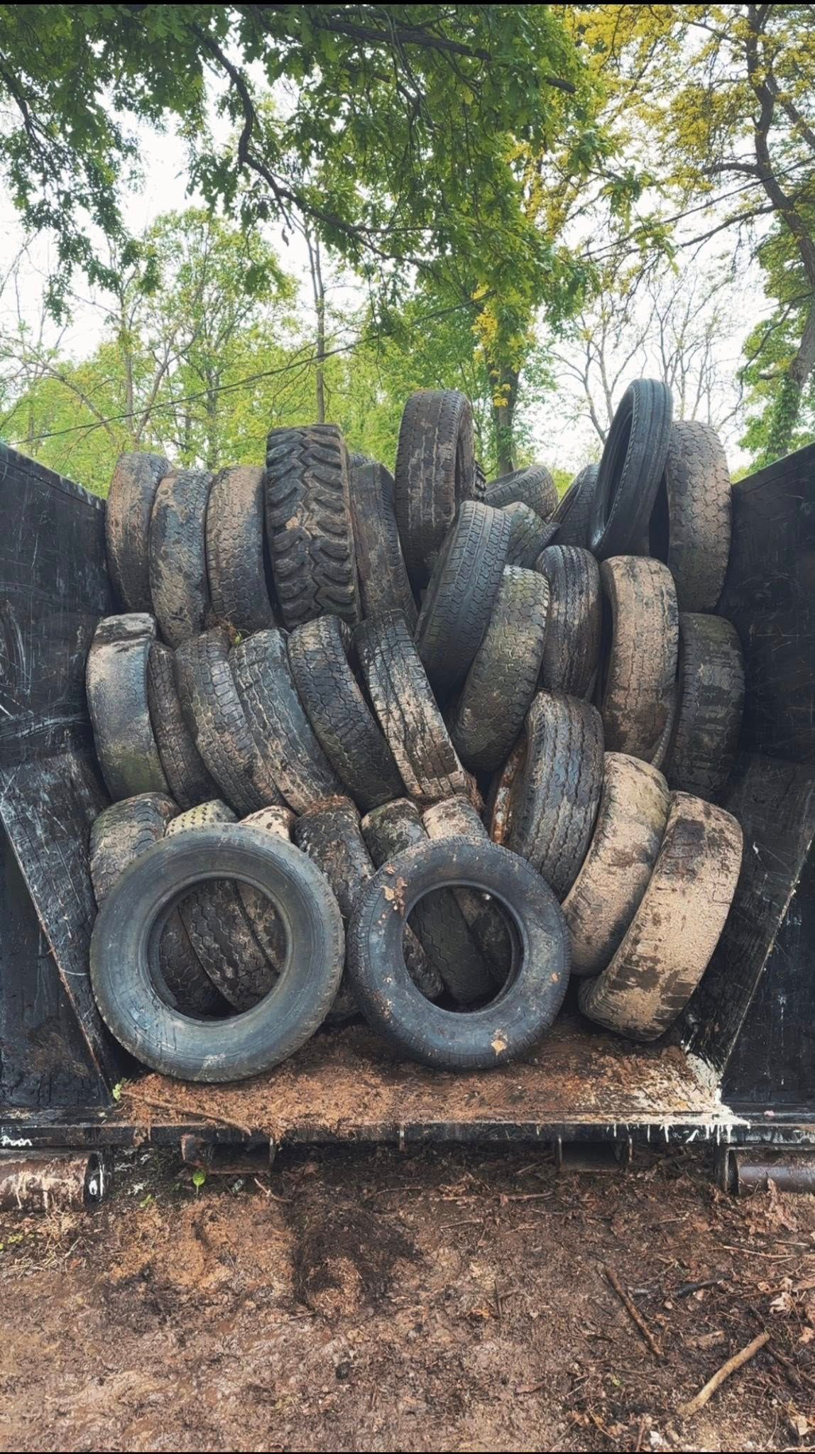 Stacked old tires in an outdoor area with two tires in front and trees overhead