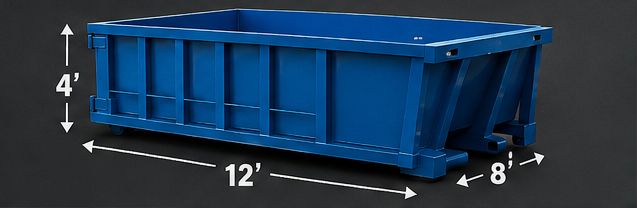 Blue 12-foot dumpster with 4-foot height and 8-foot width dimensions shown on a gray background
