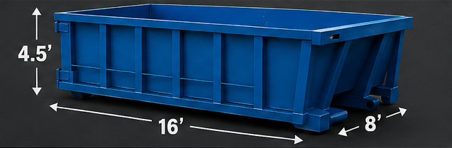 Blue industrial dumpster labeled 16' long, 8' wide, and 4.5' high with dimension arrows