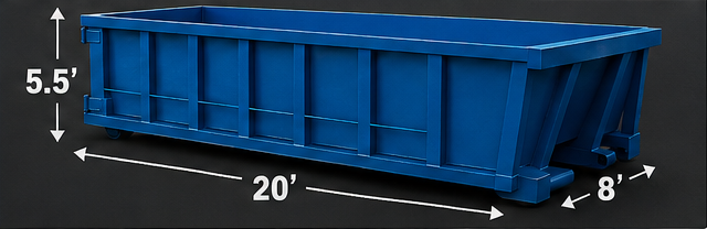 Blue open-top dumpster with dimensions labeled 20' long, 8' wide, and 5.5' high.