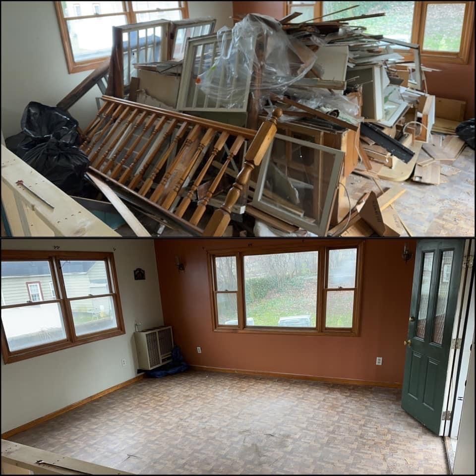 Before-and-after room: cluttered with debris above, then cleaned with empty floor and windows below