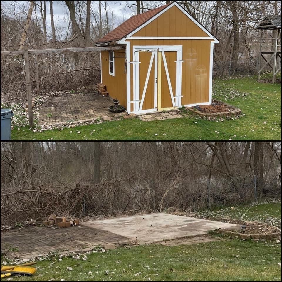 Yellow shed with white trim before and after demolition, showing it replaced by a concrete slab in a backyard