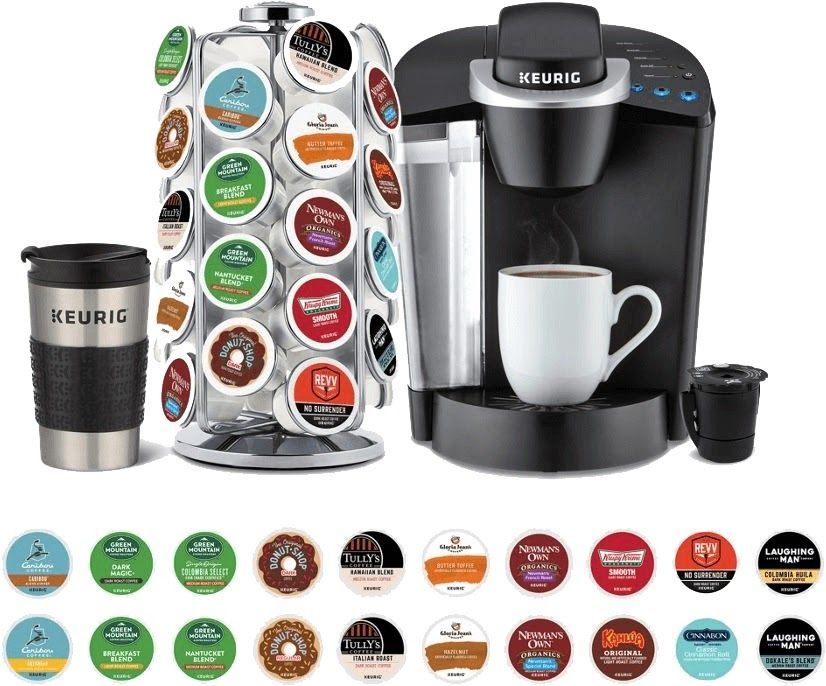 Keurig coffee maker with a carousel of K-Cups, travel mug, and a cup of coffee.