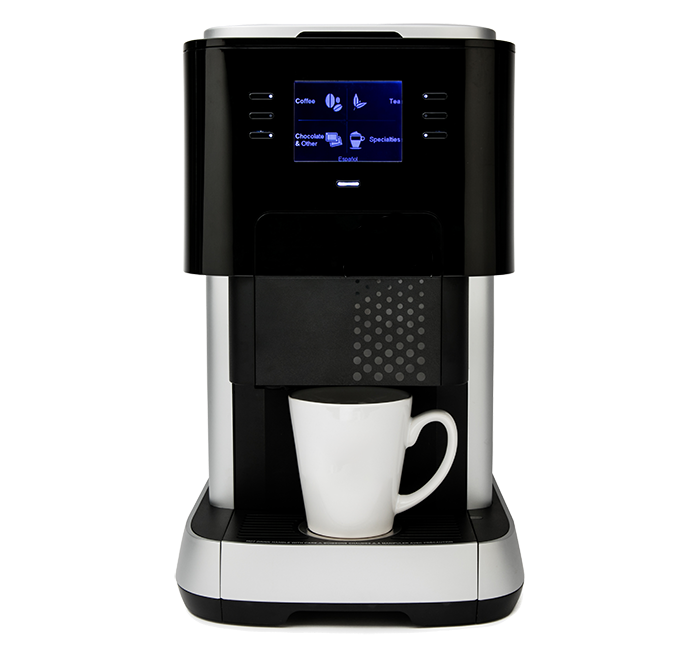 Black and silver coffee machine with a mug beneath the dispenser and a touchscreen display.