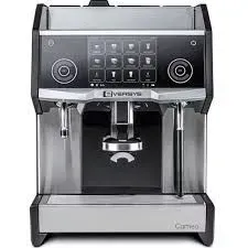 Stainless steel Eversys Cameo coffee machine with touch screen and dual spouts.