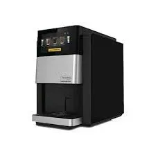 Black and silver coffee machine with a silver front panel, dispensing area.