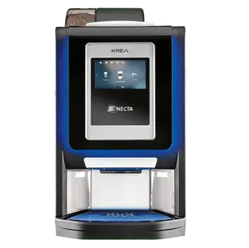 Black and blue Necta Krea coffee machine with touch screen, dispensing area and cup stand.