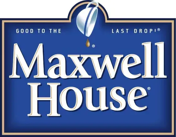 Maxwell House logo on blue background with coffee dripping from a cup.