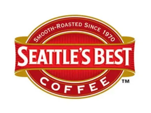 Seattle's Best Coffee logo with red and gold colors. Text: 
