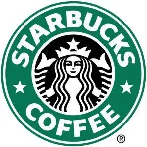 Starbucks logo: Green circle with white text, a black mermaid in the center.