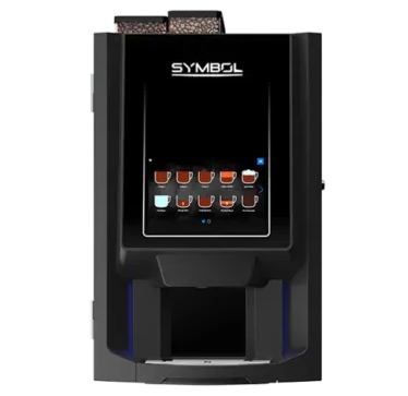 Black coffee machine with a touchscreen and coffee options. The machine has two bean containers on top.