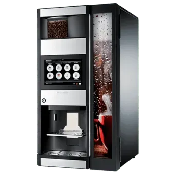 Black and silver coffee machine with a touchscreen and bean hopper.