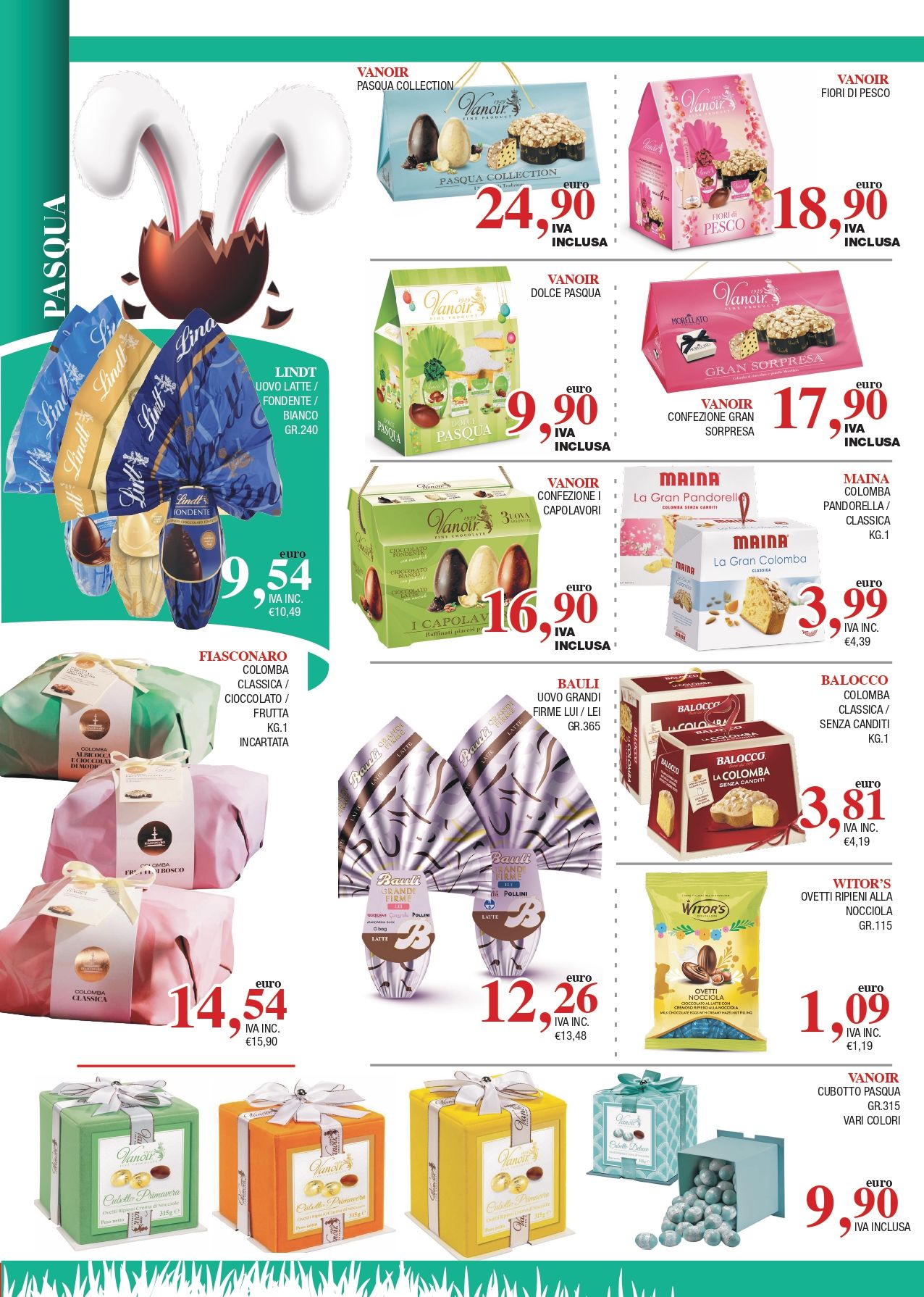 Pagina di un catalogo di regali natalizi con confezioni regalo colorate e una bambola con un cappotto blu, ognuna con il relativo prezzo.