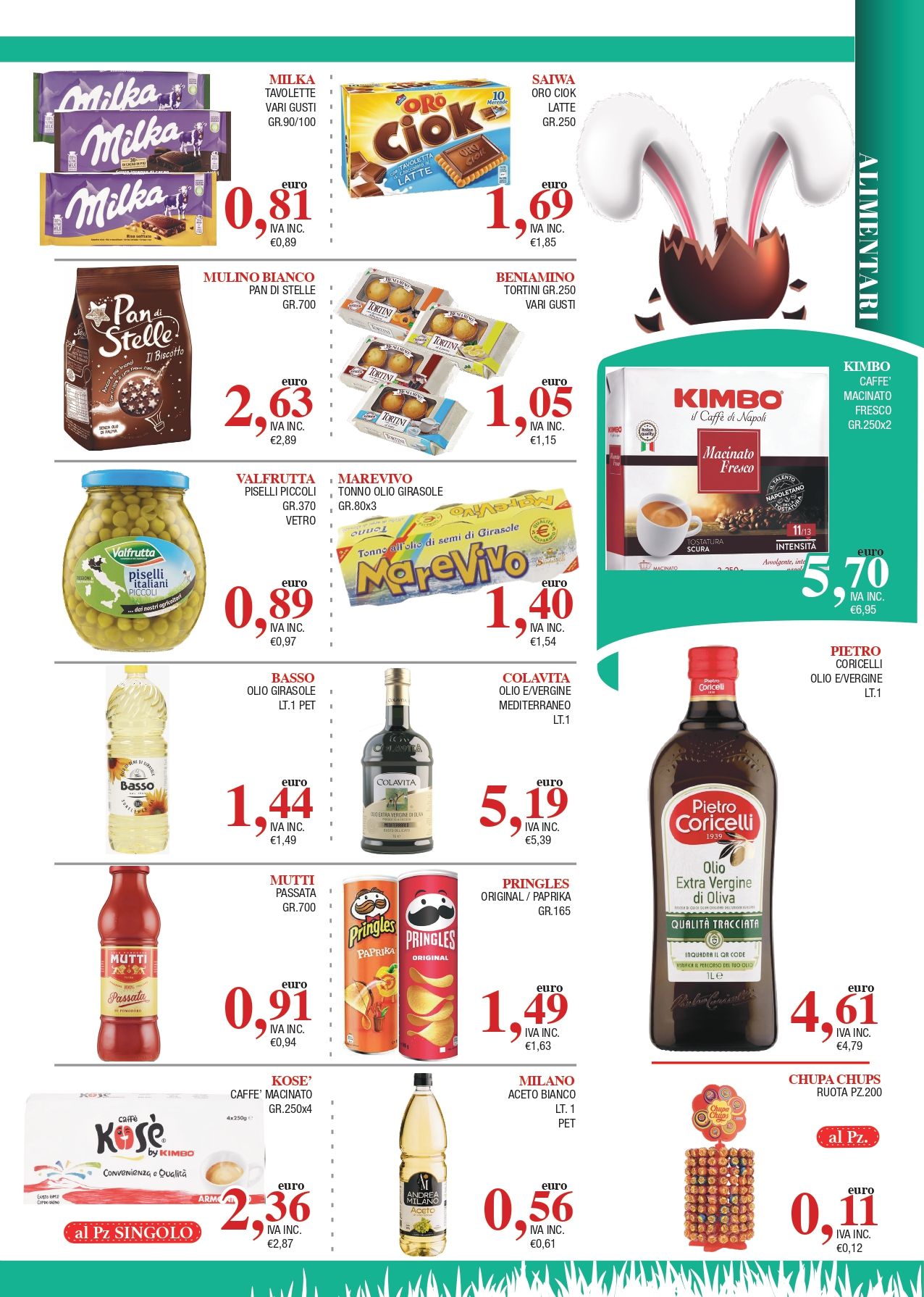 Volantino di un supermercato con un assortimento di prodotti alimentari e bevande, prezzi e un grande pannello promozionale verde.