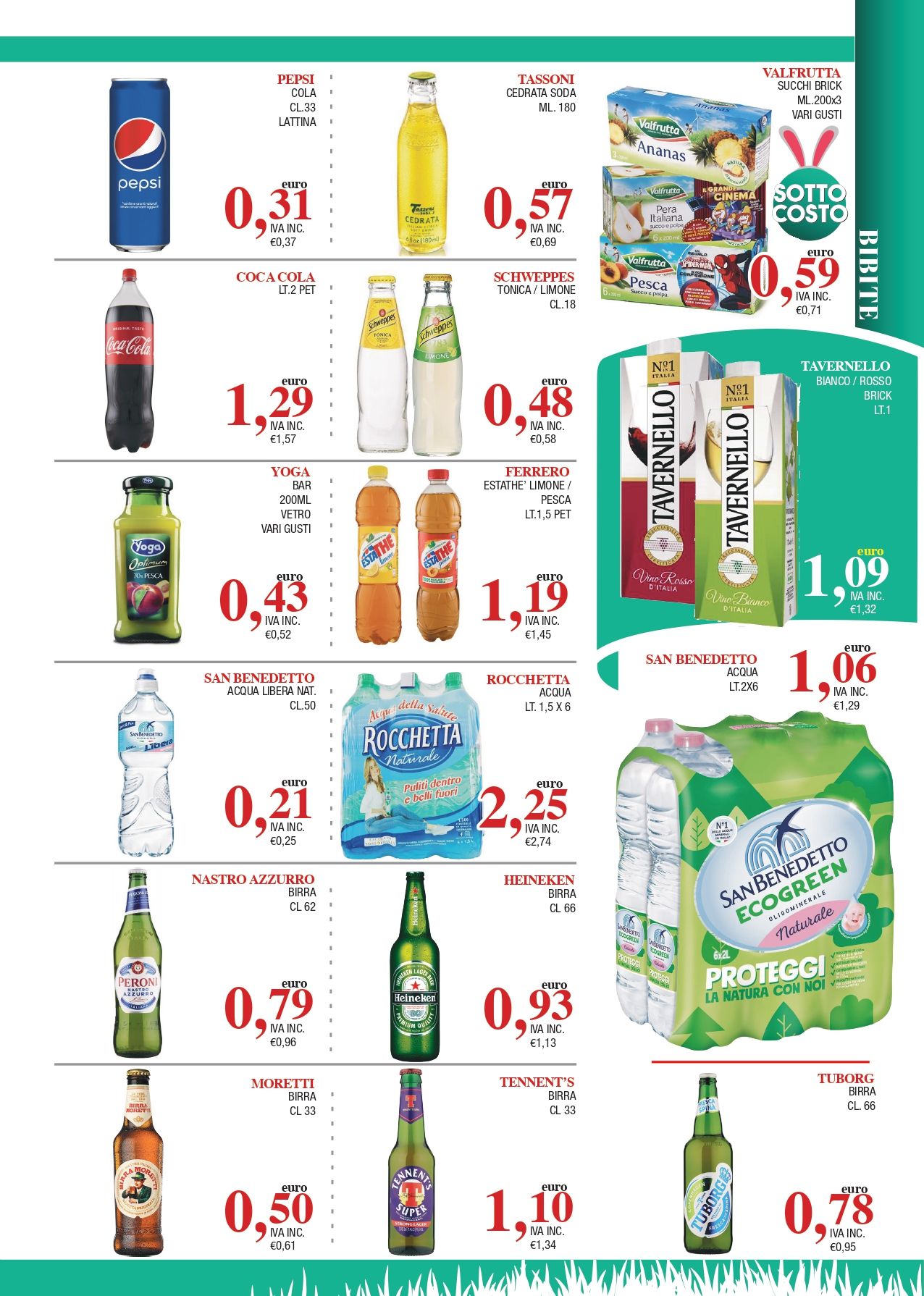 Volantino di un supermercato con diverse marche di bevande e relativi prezzi su sfondo bianco.