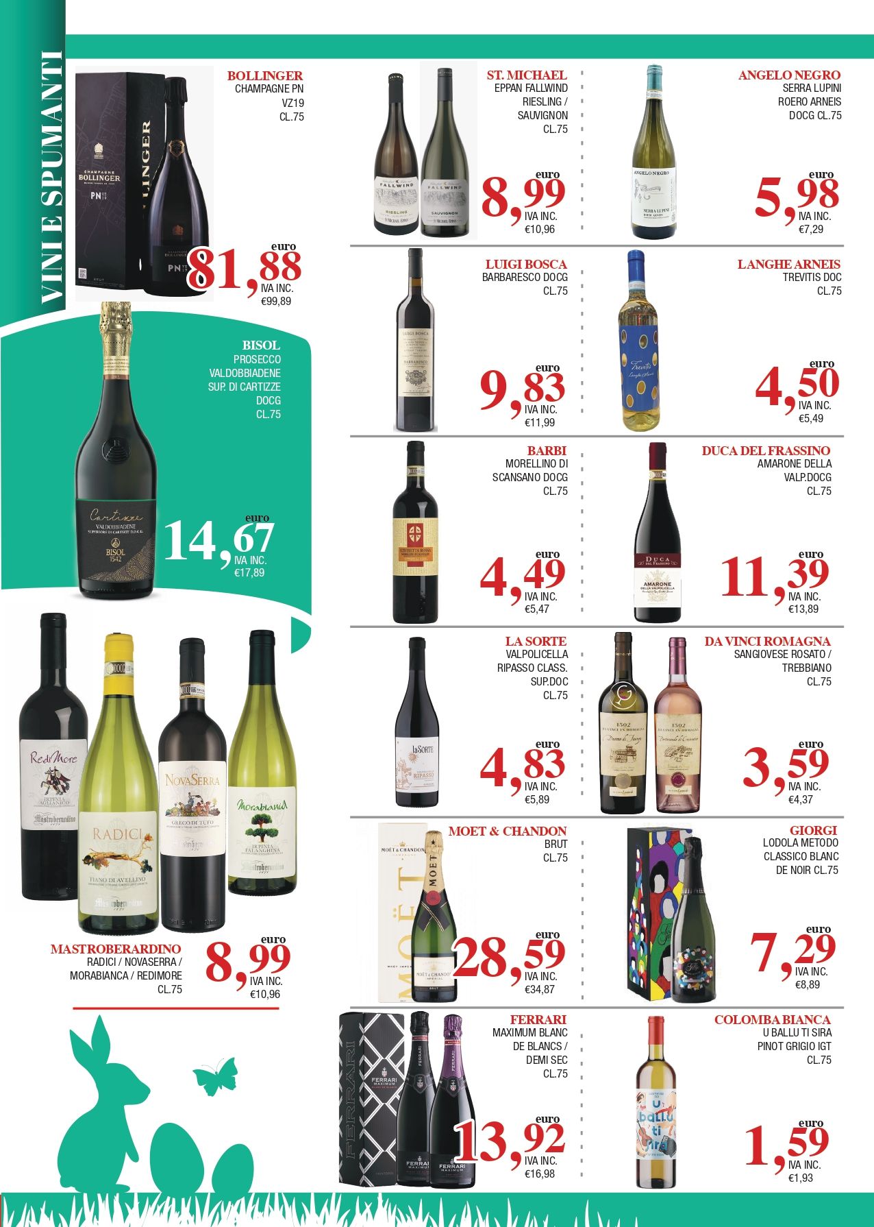 Volantino promozionale di vino e liquori con diverse bottiglie, prezzi e un layout nei toni del verde acqua e del bianco.