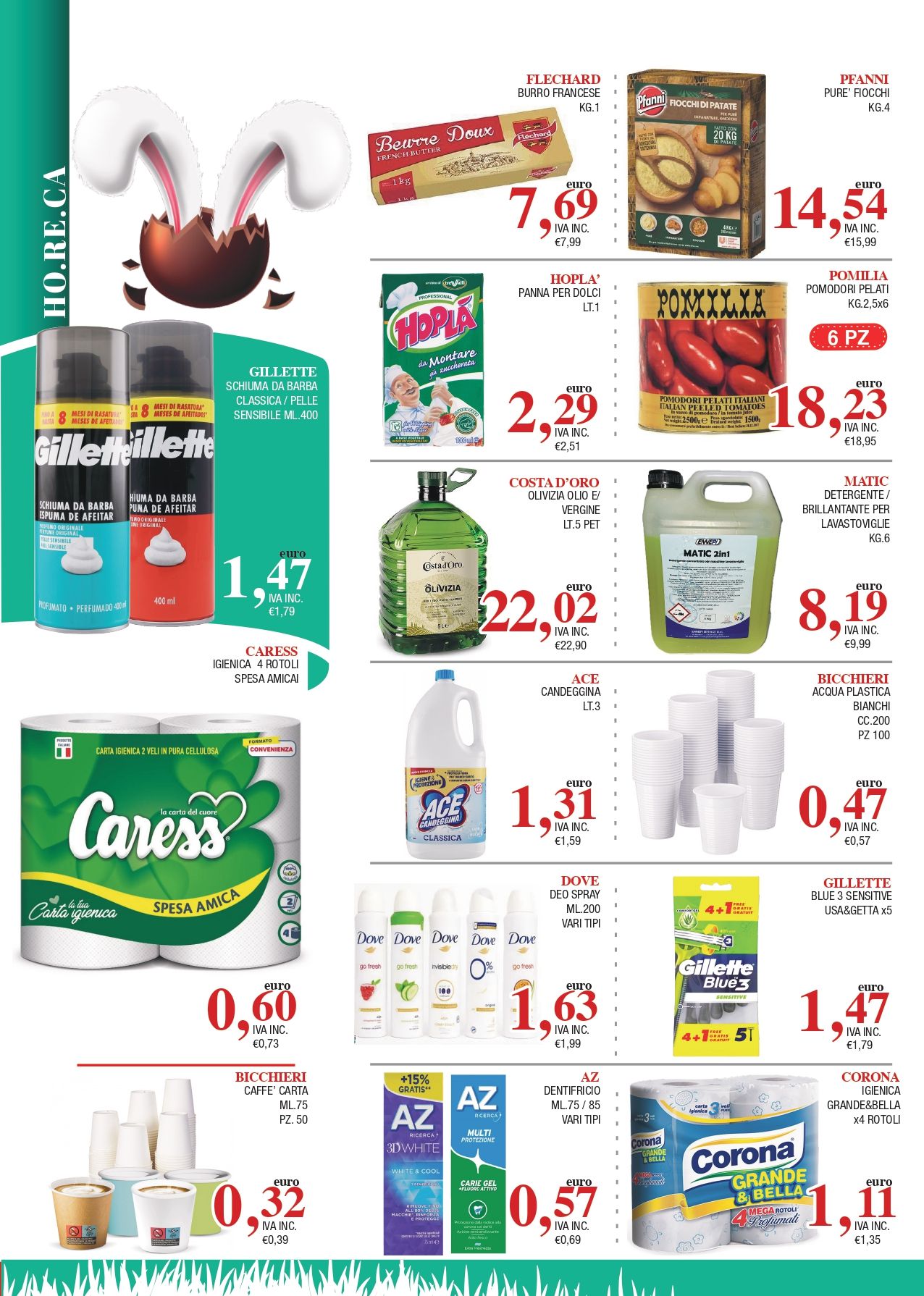 Collage pubblicitario di un supermercato con vari prodotti, prezzi e cartellini delle offerte su sfondo bianco.
