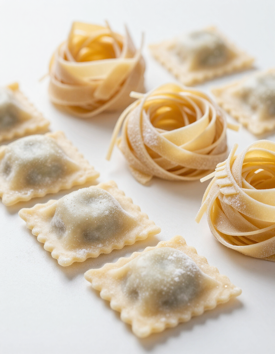 Surtido de ravioles y tagliatelle crudos sobre una superficie blanca.