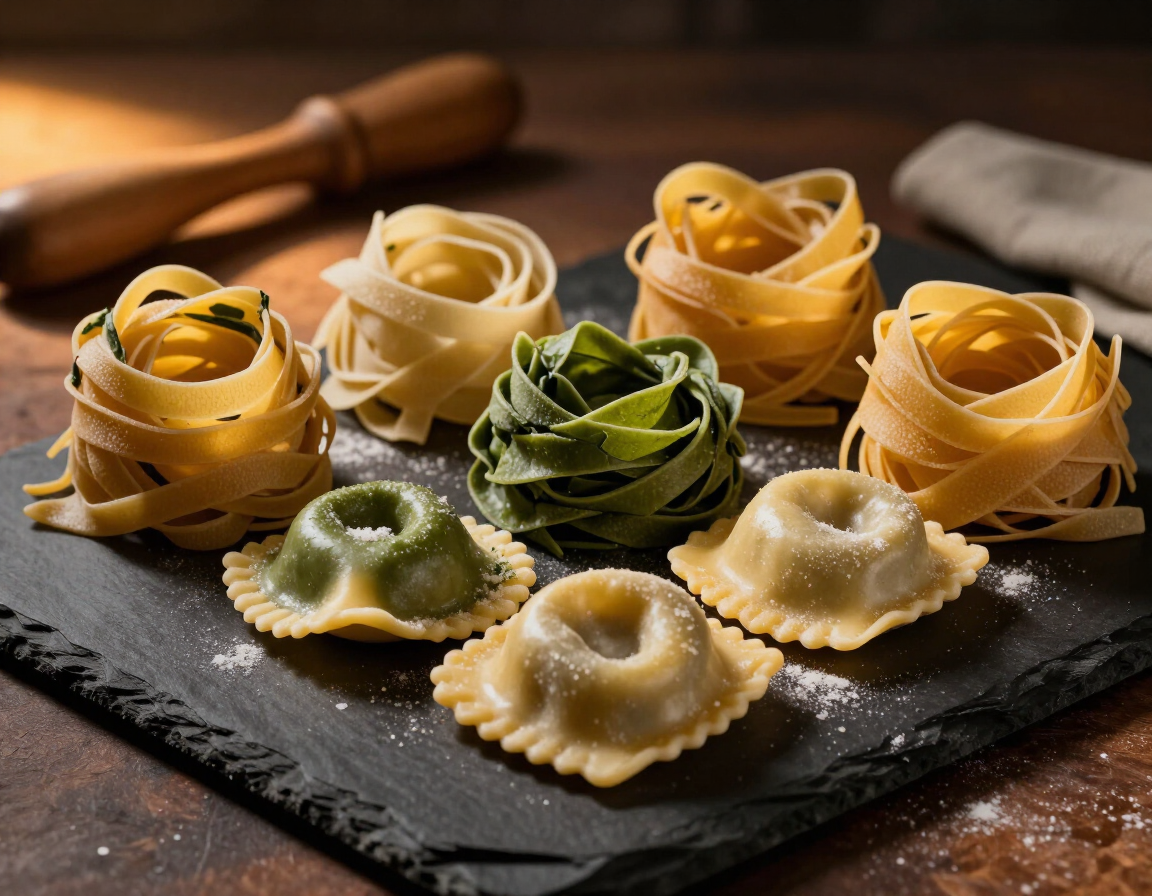 Surtido de coloridos nidos de pasta fresca y ravioles sobre una tabla de pizarra oscura.