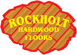 Rockholt Hardwood Floors logo on a wooden floor pattern background, in yellow text with a red border.