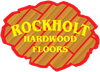 Rockholt Hardwood Floors logo on a wooden floor pattern background, in yellow text with a red border.