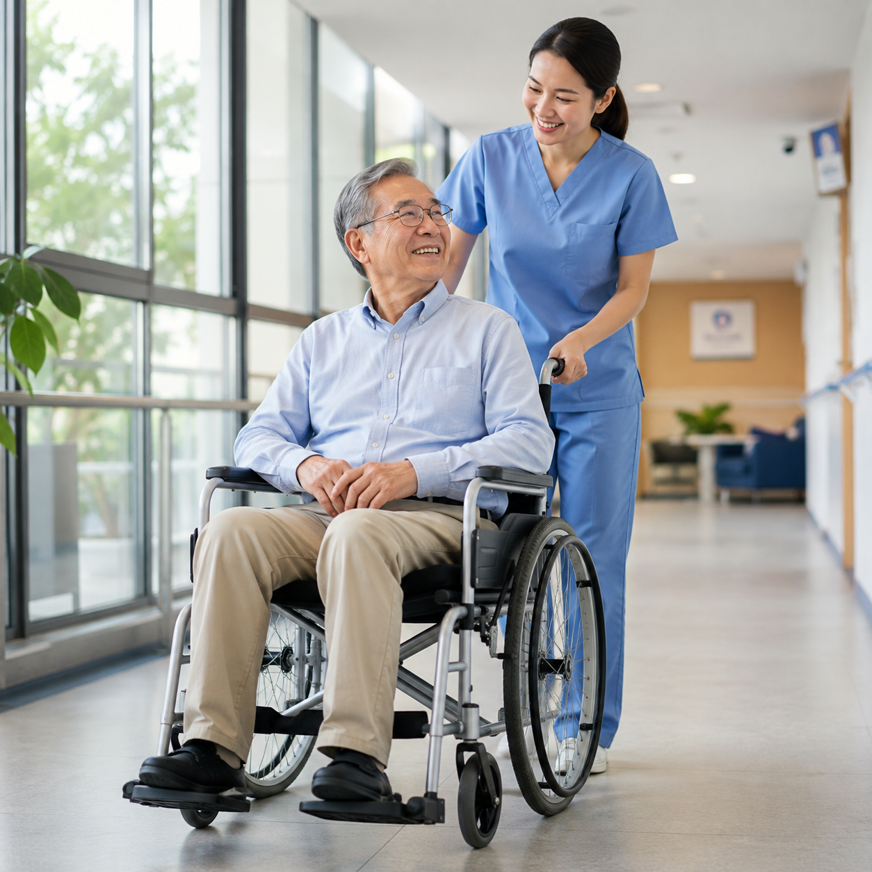Caregiver pushing a smiling patient in a wheelchair down a bright hospital hallway