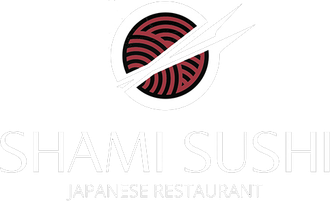 Logo del ristorante giapponese Shami Sushi: un cerchio con noodles, bacchette e testo bianco su sfondo bianco.
