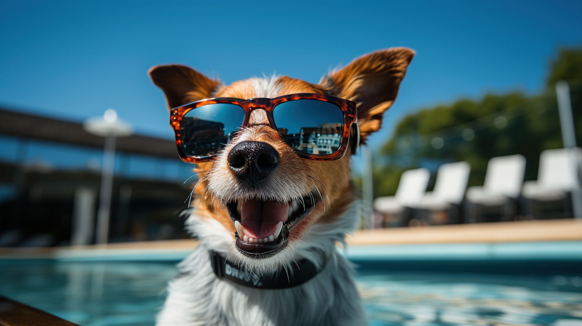 A dog wearing sunglasses is sitting in a swimming pool.