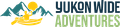 Yukon Wide Adventures logo with mountains, sun, river, and canoe in blue and green