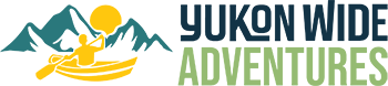 Yukon Wide Adventures logo with mountains, sun, river, and canoe in blue and green