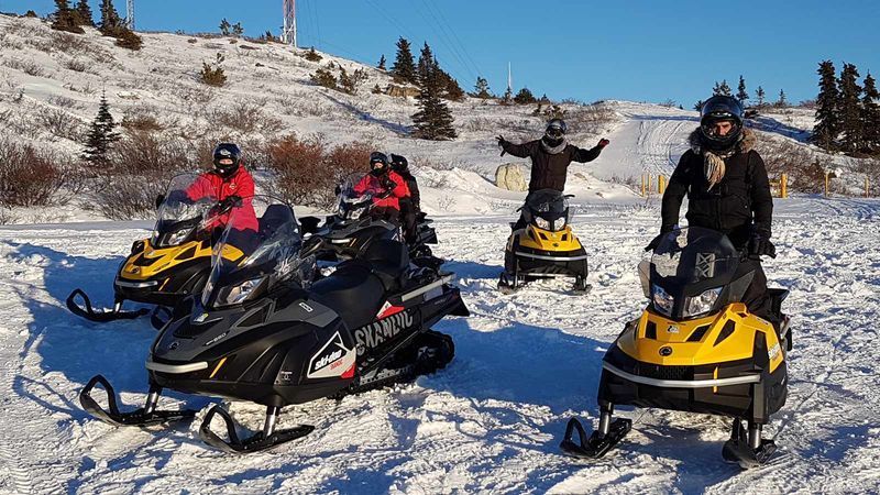 Snowmobilers riding on a snowy trail in bright winter sun, with one person standing on a snowmobile and arms raised.