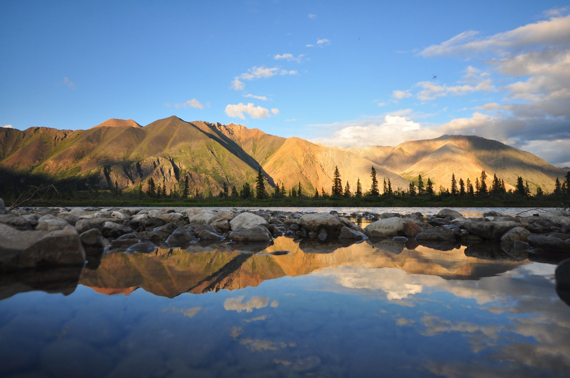 Mountain peaks and pine trees reflected in a calm lake at sunrise, with rocks in the foreground.