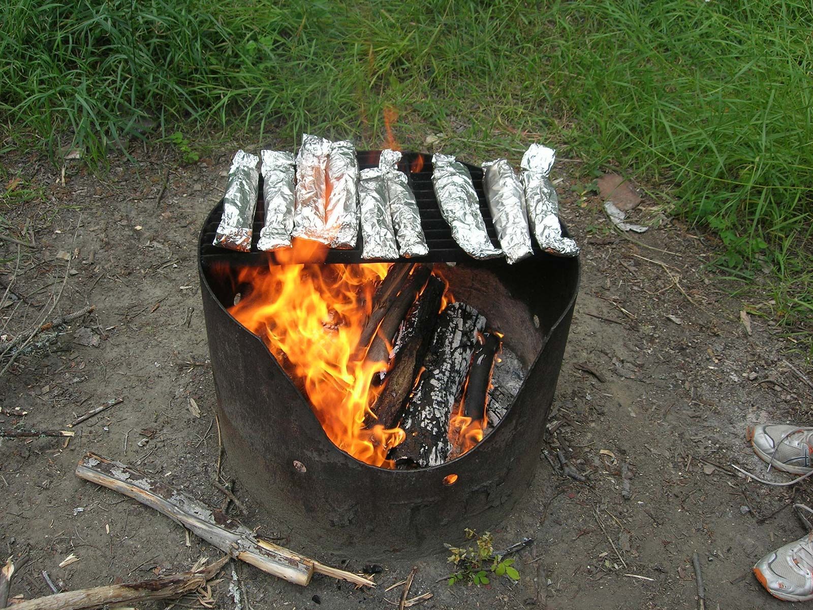 Logs burning in a metal fire pit outdoors, with green grass around it.