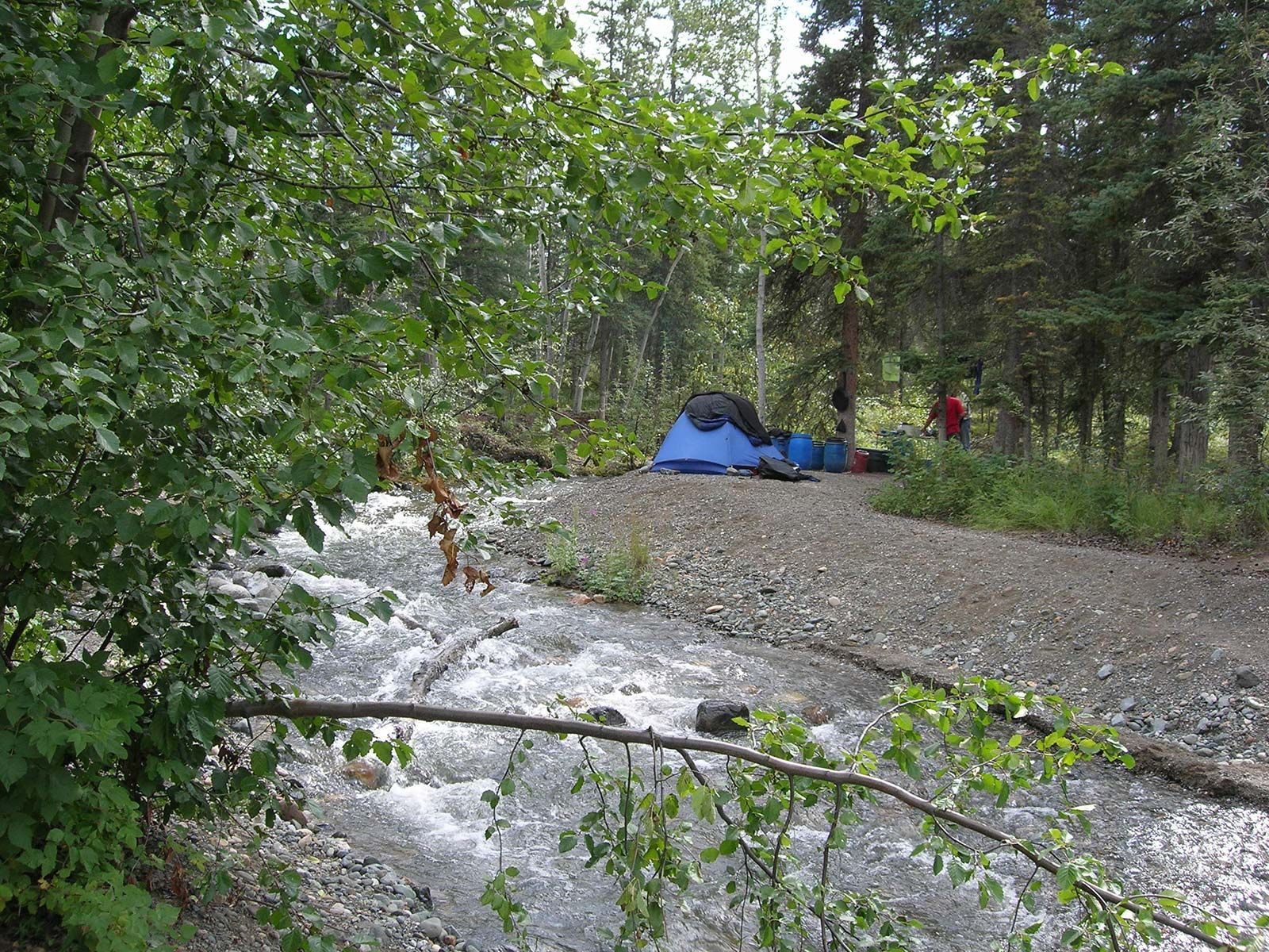 Blue tent in a forest clearing beside a shallow stream, with two people in the background.