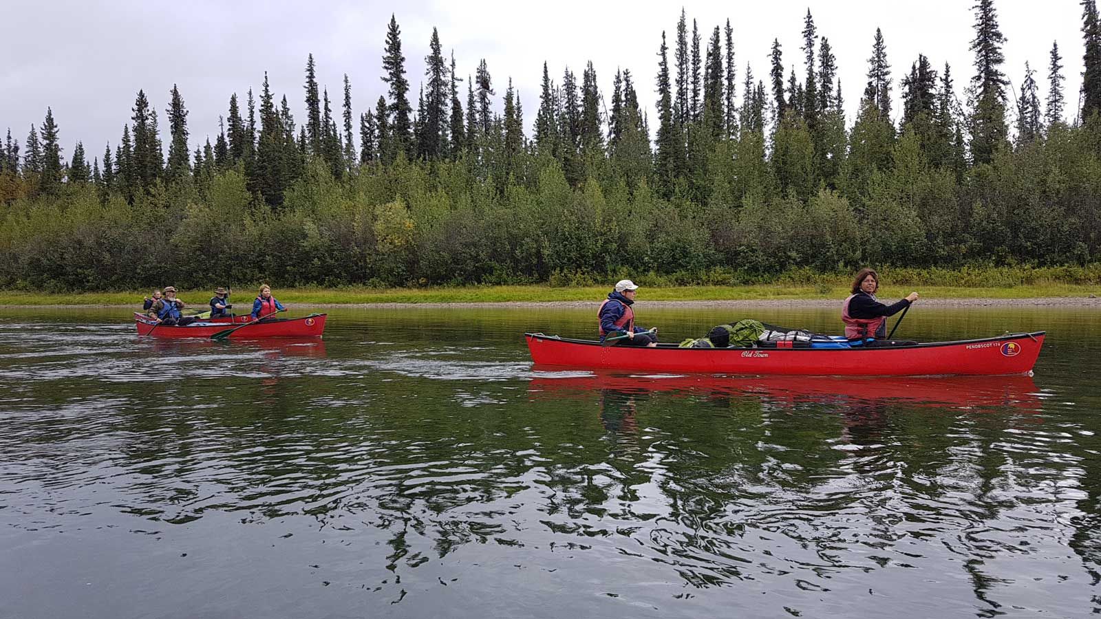 People paddling red canoes on a calm river with forested shoreline