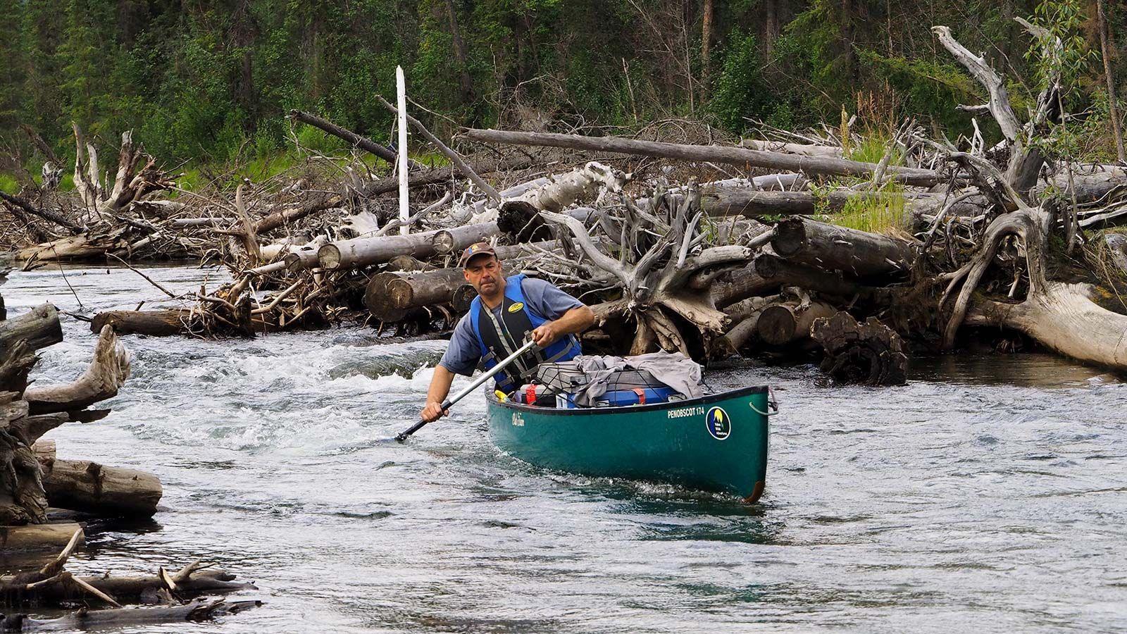 Person paddling a green canoe through a rocky river with fallen logs along the bank