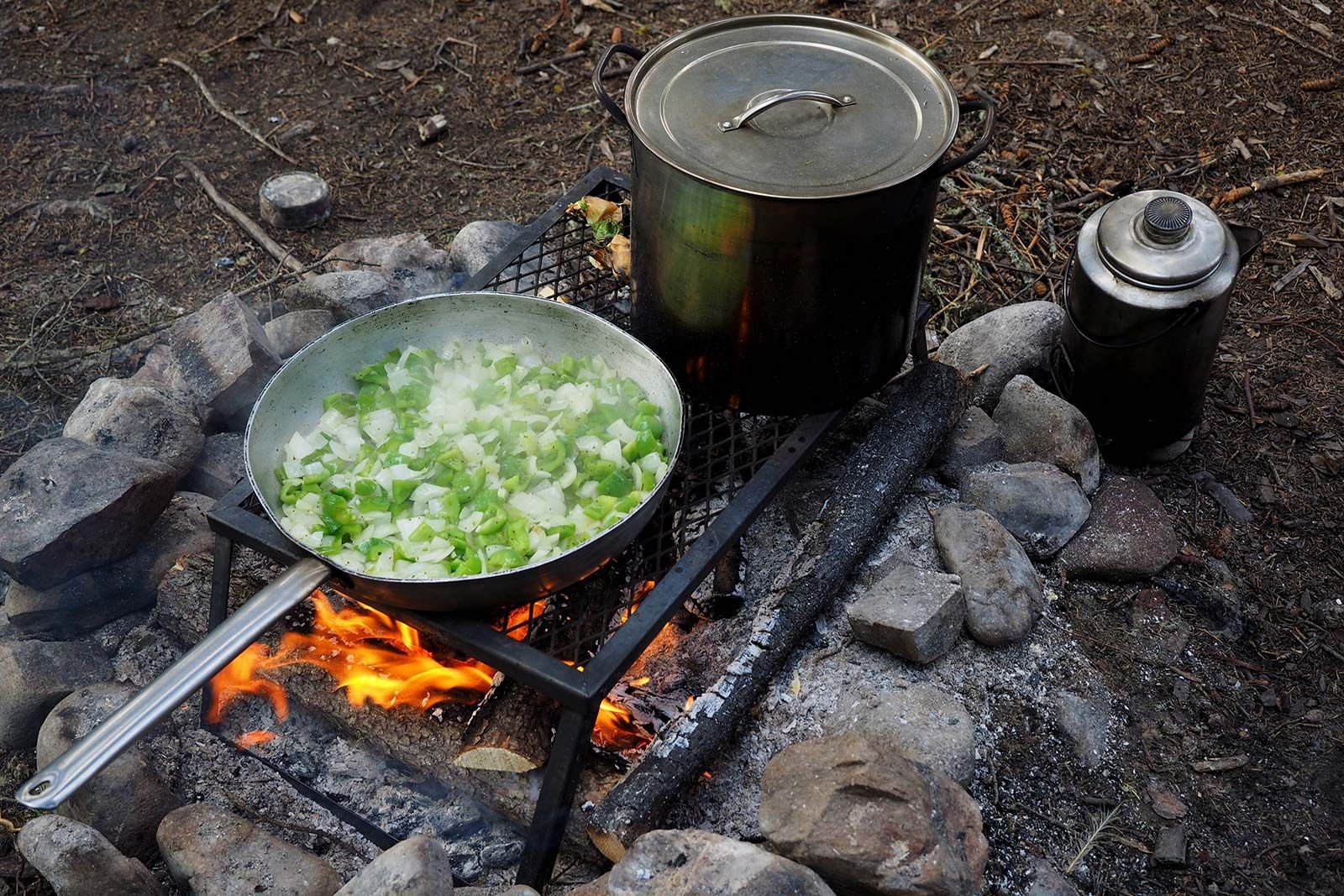 Campfire cooking: pot of chopped vegetables simmering over open flames among rocks.