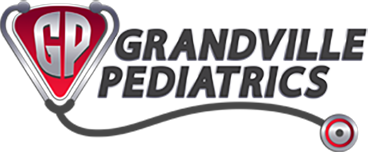 A logo for grandville pediatrics with a stethoscope