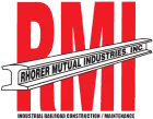 A red and white logo for rhorer mutual industries inc.