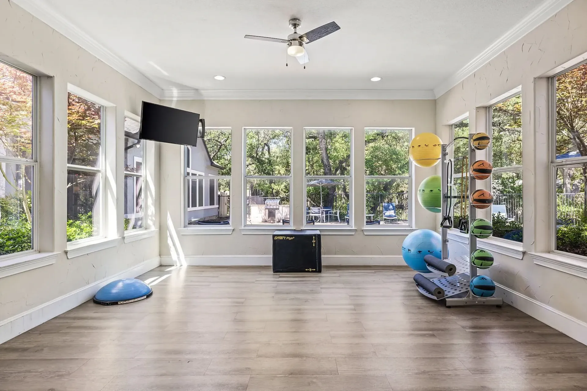 Interior view of a brightly lit fitness room with large windows, a mounted TV, and various exercise equipment including medicine balls and yoga mats.
