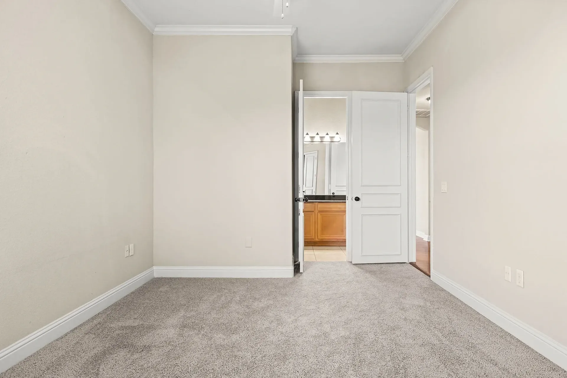 View of a neutral-toned bedroom with plush carpet, leading to an open bathroom with wooden vanity.