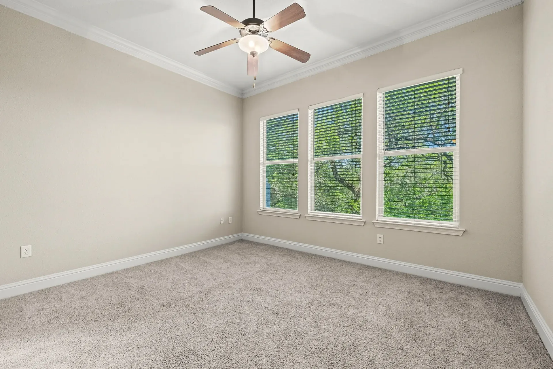 Empty bedroom with beige carpet, three windows with blinds, and a ceiling fan.