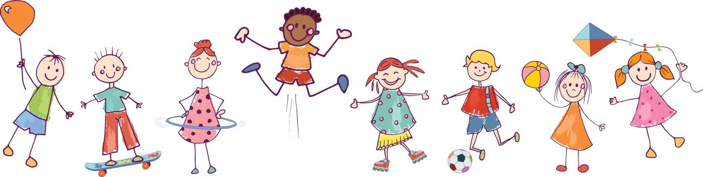 Children playing outdoors: A boy with a balloon, a girl on a skateboard, a boy jumping, and others with a soccer ball and kite.